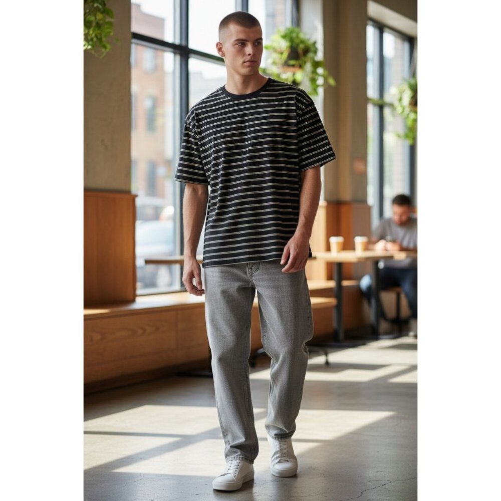 Lucky Brand T-Shirt Men’s XL Black White Striped Short Sleeve Crew Neck Tee